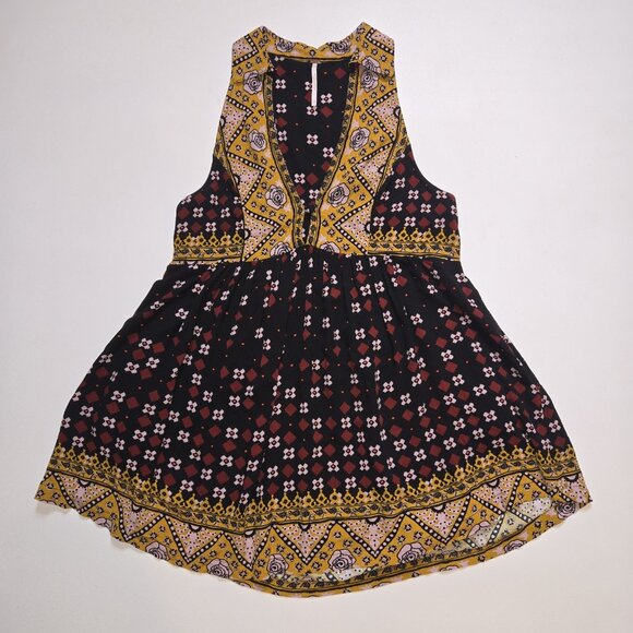 Free People Charlotte Sleeveless Halter Collared Top XS Tunic Flowy Red Gold Bla - Picture 2 of 9